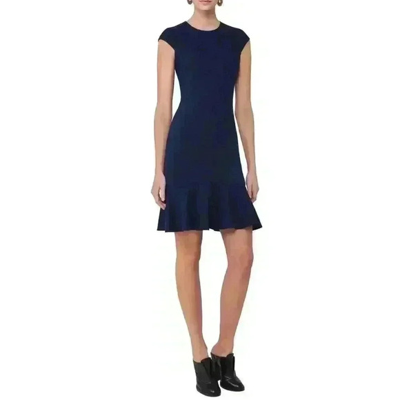 Akris Punto Cap-Sleeve Jersey Flounce Hem Dress | Navy Blue | SZ 14 - Picture 1 of 11